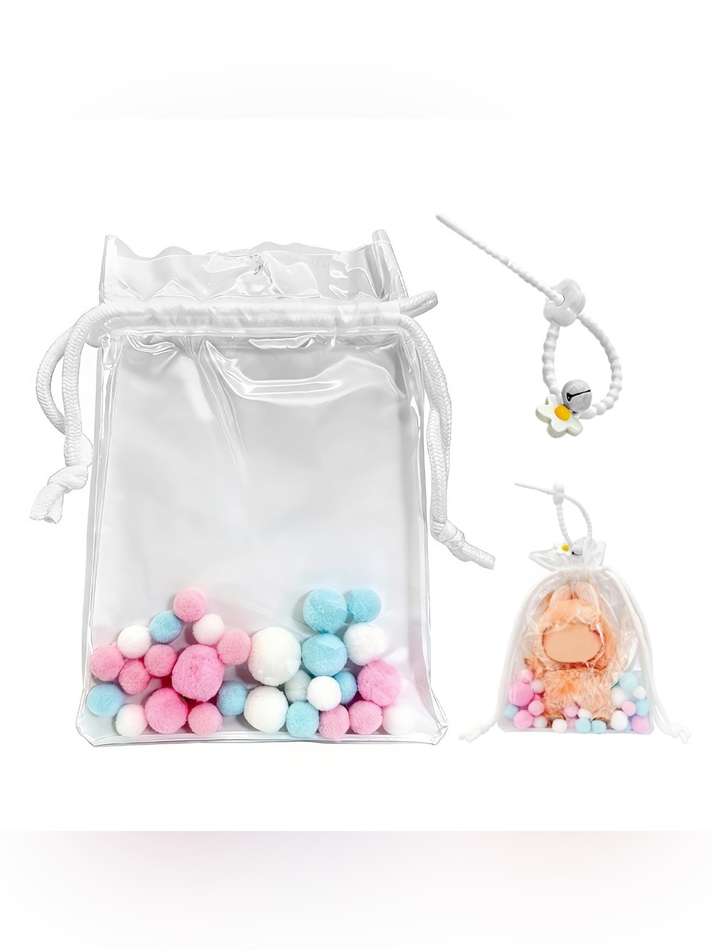 Protective Case! Display Clear PVC Hanging Carrying Case Drawstring Bag Pom Pom